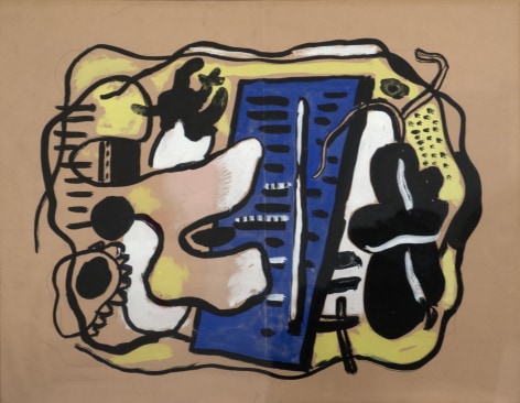 Abstract painting of black curved lines that form shapes and musical instruments, identifiable by the use of black, white, yellow, blue, and negative space created by the blush-brown background, formed by the brown paper base. From left to right are the figures that resemble a keyboard, and a blue tablet of sheet music or keyboard in the center, and a black string instrument.