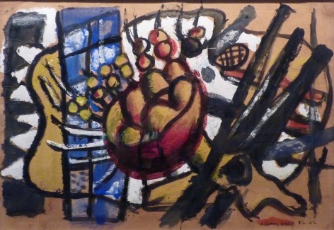 Painting depicting an array of objects, including a red bowl of yellow fruit in the center of the work, flanked by interweaving angles and shapes in black, yellow, and blue, against the brown paper background.
