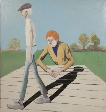 Painting of two figures. Edwin Denby stands in the foreground on a raised platform, facing the left of the composition, while Red Grooms leans behind him on the platform with his hands clasped. Behind them is a tree-filled landscape and a blue sky.