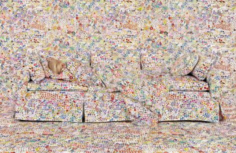 Rachel Perry,&nbsp;Lost in My&nbsp;Life (Fruit Stickers Reclining), 2018. Archival pigment print, 40 x 60 inches.&nbsp;