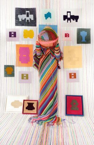 Rachel Perry,&nbsp;Lost in My Life (Holding Yarn Ball with Canvases), 2023. Archival pigment print, 30 x 19 1/2 inches, 60 x 40 1/2 inches, or 91 1/4 x 60 inches.