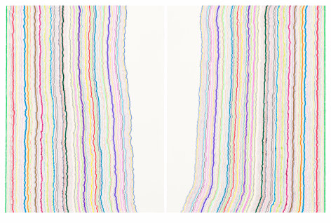 Rachel Perry,&nbsp;Chiral Lines 40, 2021. Marker, colored pencil, crayon on paper. 50 x 38 inches each panel, 50 x 76 inches overall.