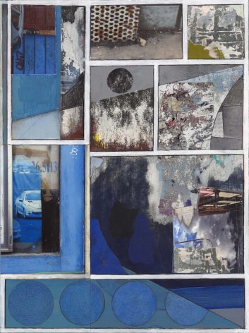 Mary Lum,&nbsp;three cars, 2024. Acrylic, photo, colored pencil, found papers, collage on paper. 14 7/8 x 11 inches.