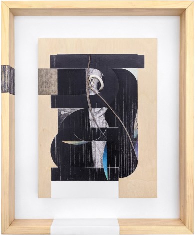 Omar Barquet, hu (from the Syllables series), 2022. Mixed media collage, wooden fragments, seashell, pin, enamel and ink on printed paper, custom artist frame, 17 x 14 3/16 inches.
