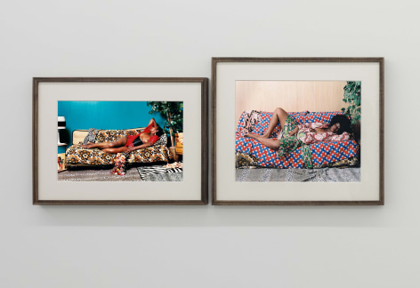 Mickalene Thomas,&nbsp;Madame Mama Bush and&nbsp;Afro Goddess with Hands Between Legs, 2006/2008. Chromogenic print, 20 3/8 x 27 1/4 inches (left); 23 1/2 x 27 1/4 inches (right).