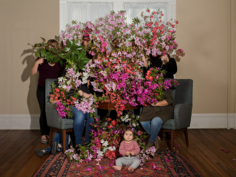 Lucy with Azaleas,&nbsp;2018.&nbsp;Archival pigment print, 37 1/2 x 50 inches. From the series&nbsp;Knit Club.&nbsp;