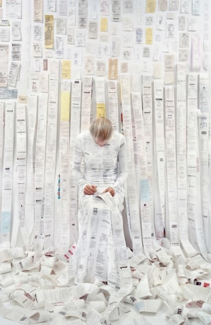 Rachel Perry, Lost in My Life (Receipts Seated).&nbsp;Archival pigment print, 90 x 60 inches.