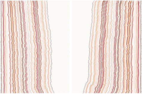 Rachel Perry,&nbsp;Chiral Lines 38, 2020. Marker, colored pencil, crayon on paper, 30 x 22 3/8 inches each panel, 30 x 44 3/4 inches total.