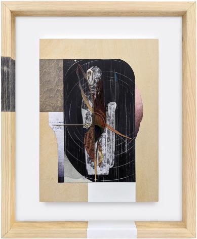 Omar Barquet, s (from the Syllables series), 2022. Mixed media collage, wooden fragments, seashell, pin, enamel and ink on printed paper, custom artist frame, 17 x 14 3/16 inches.