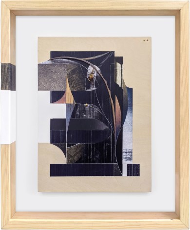 Omar Barquet, mi (from the Syllables series), 2022. Mixed media collage, wooden fragments, metallic paper, silver and golden pins, butterfly wing, enamel and ink on printed paper, custom artist frame, 17 x 14 3/16 inches.
