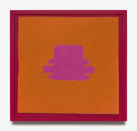 Rachel Perry,&nbsp;Bobbi Brown Lipstick: Burn Rate, 2022-2023. Wool and silk on canvas with artist frame, 10 1/4 x 10 3/4 inches.