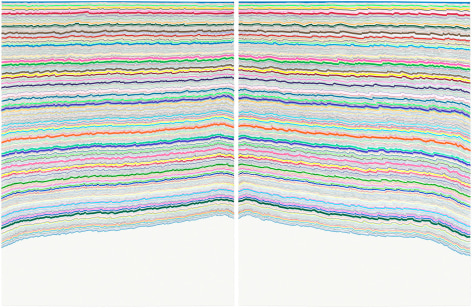 Rachel Perry,&nbsp;Chiral Lines 36, 2020. Graphite, marker, ballpoint, colored pencil on paper, 50 x 38 inches each panel, 50 x 76 inches overall.