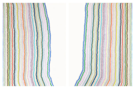Chiral Lines 26, marker and pen on paper. 50 x 38&nbsp;inches&nbsp;each, 50&nbsp;x 76&nbsp;inches overall