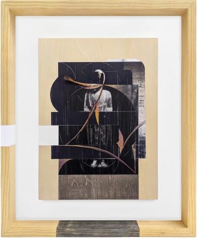 Omar Barquet,&nbsp;ui&nbsp;(from the&nbsp;Syllables&nbsp;series), 2022.&nbsp;Mixed media collage, wood and seashell fragments, metallic paper, micah, peacock and turtledove feather, silver and gold pin, colored pencil, enamel and ink on printed paper, custom artist frame, 17 x 14 3/16 inches.