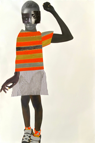 Deborah Roberts,&nbsp;Big girl now,&nbsp;2021. Mixed media on paper, 44 x 32 inches. Courtesy of the artist and Vielmetter Los Angeles.