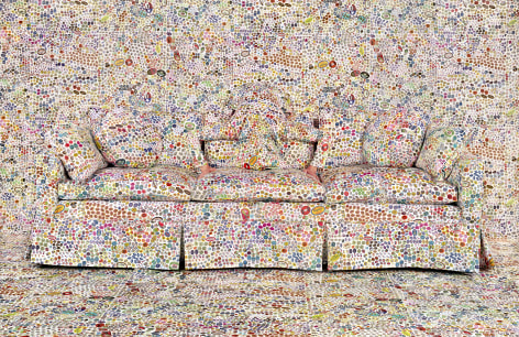 Rachel Perry,&nbsp;Lost in My Life (Fruit Stickers Behind Sofa), 2019. Archival pigment print, 20 x 30 inches, 40 x 60 inches, 60 x 90 inches.