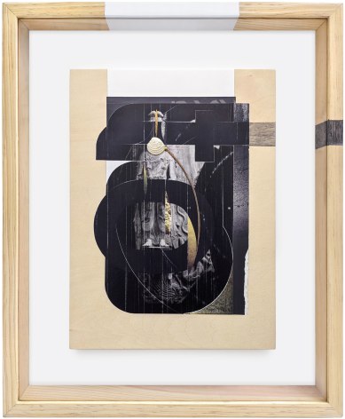Omar Barquet, to (from the Syllables series), 2022. Mixed media collage, wooden fragments, seashell, silver and golden pin, enamel and ink on printed paper, custom artist frame, 17 x 14 3/16 inches.