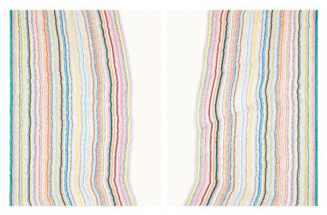 Chiral Lines 14, 2015, Graphite, marker, ballpoint, colored pencil on paper, Each: 50 x 38 inches, Overall: 50 x 76 inches