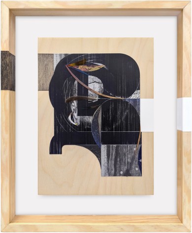 Omar Barquet, el (from the Syllables series), 2022. Mixed media collage, wooden fragments, seashell, pin, enamel and ink on printed paper, custom artist frame, 17 x 14 3/16 inches.