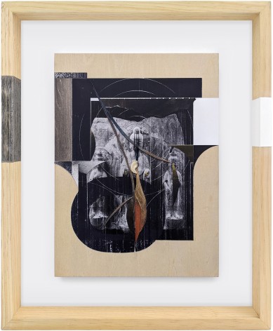 Omar Barquet, lo (from the Syllables series), 2022. Mixed media collage, wooden fragments, seashell, pin, enamel and ink on printed paper, custom artist frame, 17 x 14 3/16 inches.