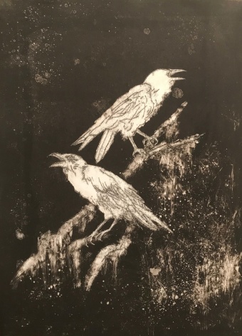 John Alexander Night Ravens, 2017 monotype on Fabriano Rosaspina paper 39 x 27 1/2 inches signed bottom right front (JoA-180)