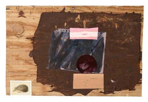 SHANE TOLBERT (b.1985 Corsicana, TX) Personality Test, 2019 acrylic and postcard on found supports 25 1/4 x 38 inches