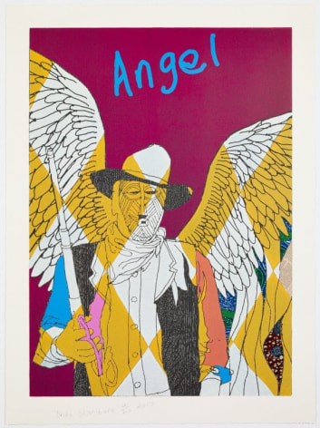 Yinka Shonibare  Cowboy Angels Portfolio, 2017  suite of 5 woodcuts with fabric collage on Sumerset Tub Sized Satin 410gsm paper  each 37 1/4 x 27 1/2 inches  edition of 20  $35,000