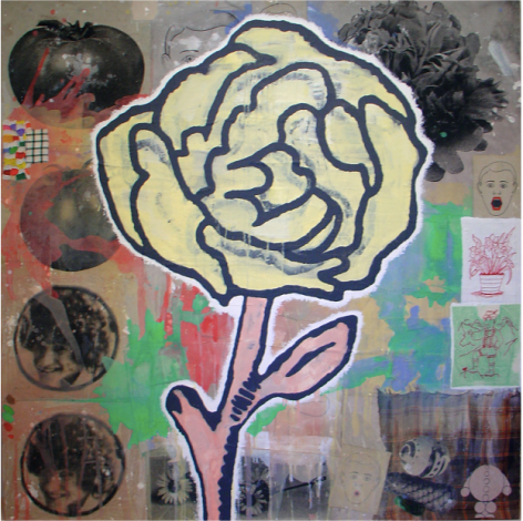 Donald Baechler  Yellow Flower, 2005  acrylic and fabric collage on canvas  80 x 80 inches  Inquire