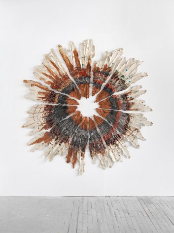 Brie Ruais  &quot;Closing In On Opening Up, 132lbs (Nevada Site 2)&quot;, 2020  glazed stoneware, hardware  82 x 80 x 3 inches  Private Collection