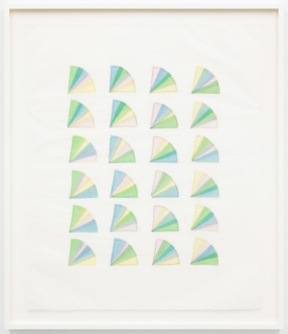 Elaine Reichek Fan Factorial #5, 1977 organdy sewn to Kozoshi paper paper: 31 x 26 1/2 inches frame: 31 3/4 x 27 1/8 inches