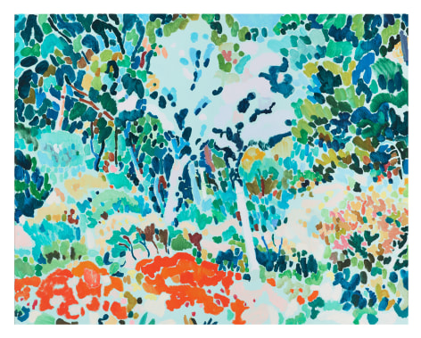 Tim Braden Colouring Garden (blues on green), 2024 oil on canvas 59 5/8 x 74 7/8 inches