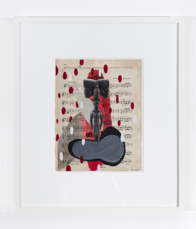 Radcliffe Bailey  Notes from Tervuren, 2015  initialed and dated on lower right corner  gouache, collage, and ink on sheet music  paper: 12 x 9 inches frame: 21 1/4 x 18 1/2 x 1 1/2 inches  (RBA-1)