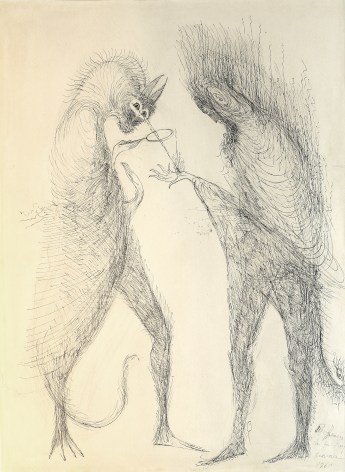 Leonora Carrington Dos personajes con lupa (Two Figures with Loupe), 1960 ink on paper paper: 20 x 14 3/4 inches frame: 28 3/4 x 23 1/2 inches signed, dedicated and dated 1960
