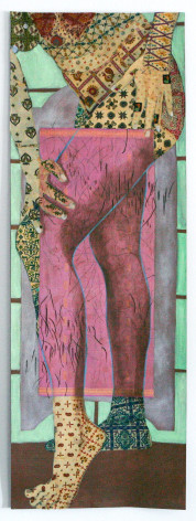 Preetika Rajgariah piece of mind comes piece by piece, II, 2023 yoga mat, vintage saris, water based paints 24 x 68 inches