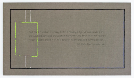 Elaine Reichek And There It Was (The Invisible Man), 2016 hand embroidery on linen 16 1/4 x 28 1/4 inches