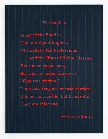 Elaine Reichek The English, 2019 digital embroidery on wool suiting fabric 25 x 19 inches