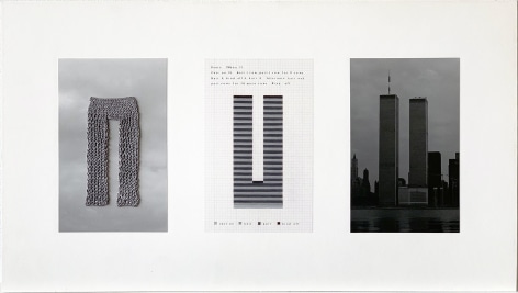 Elaine Reichek World Trade Center (Grey), 1981 Knitted wool yarn sewn and mounted on paper; colored pencil on graph paper; gelatin silver print; mounted to mat board 13 3/4 x 24 inches