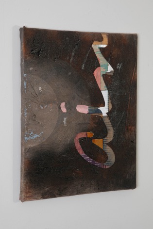Jodi Hays ain't, 2023 spray enamel, dyed cardboard, textile collage and stretched, found paint tarp 20 x 16 inches