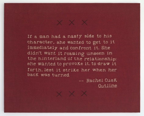 Elaine Reichek Nasty Side (Rachel Cusk), 2019 hand embroidery on linen 21 x 26 inches