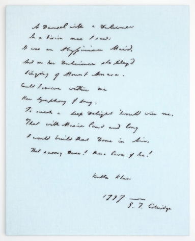 Elaine Reichek A Damsel with a Dulcimer (Coleridge), 2017 hand embroidery on linen 28 1/2 x 22 3/4 inches $20,000