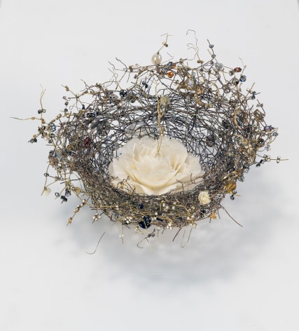 Karin Broker Virgin nest, 2021 white hard flower, rings, crystals, wire 8 x 10 x 10 inches
