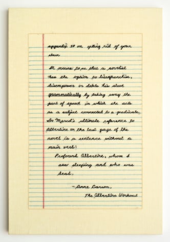 Elaine Reichek The Albertine Workout, Appendix 34, 2016 hand embroidery on linen 22 x 15 inches