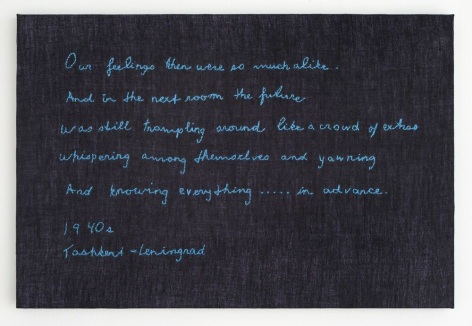 Elaine Reichek  Our Feelings (Akhmatova), 2018  hand embroidery on linen  12 3/4 x 19 inches