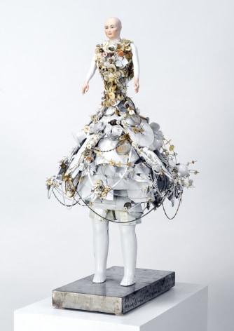 Karin Broker Button it girl, 2021 porcelain, composite materials, buttons, wire, misc., steel base 29 1/2 x 17 x 18 inches