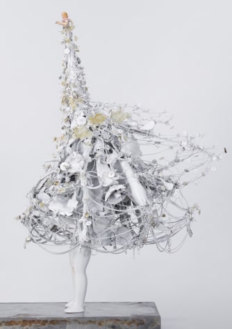 Karin Broker Little missus, 2021 porcelain, metal, glass, watch parts, buttons, wire, steel base 26 3/4 x 13 x 17 inches