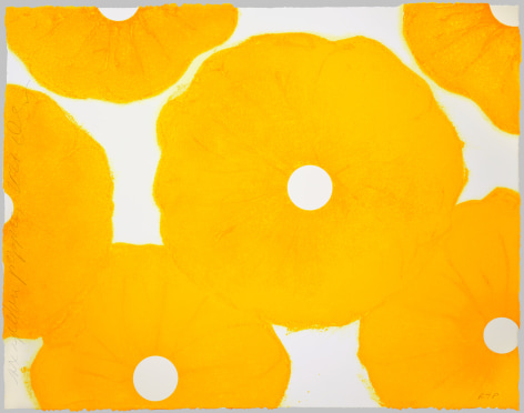 Donald Sultan Six Yellow Poppies, 2021, 2023 color silkscreen with enamel inks, flocking, and over printed flocking on Somerset 500 gsm Satin Radiant White with deckle edges 30 x 38 inches Edition 10 of 60