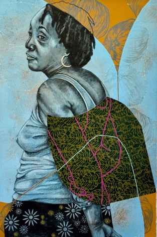 Delita Martin Looking Behind, 2024 relief printing, charcoal, acrylic, printed papers, hand stitching, liquid gold leaf paper: 60 x 40 inches frame: 65 3/4 x 45 1/2 inches (DEM-16)