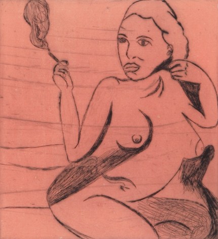 Tal R  Girl Smoking (#10 from series of 12), 2014  line etching on somerset 400 gr.  image: 7 3/4 x 7 1/8 inches  paper: 17 1/8 x 14 1/2 inches  frame: 18 3/4 x 16 1/2 inches  6, Edition of 24
