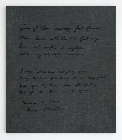 Elaine Reichek Some of Them Exchange Fond Glances (Akhmatova), 2019 hand embroidery on linen 21 3/8 x 18 3/8 inches