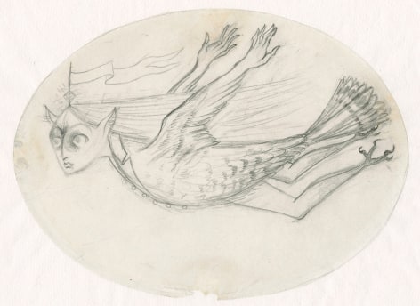 Remedios Varo  Mujer lechuza volando, 1957 pencil on paper paper: 8 1/4 x 7 1/2 inches frame: 11 1/2 x 14 5/8 inches